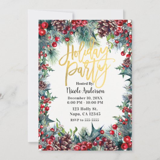 Winterfeestdag kerstfeest Holly en pijnbomen Kaart (Voorkant)
