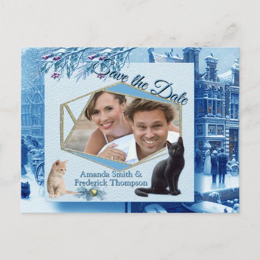 Winterfeesten in de sneeuw, met Kittens Aankondigingskaart (Voorkant)