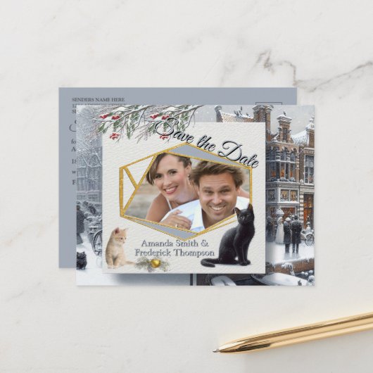 Winterfeesten in de sneeuw, met Kittens Aankondigingskaart (Voorkant / Achterkant in situ)