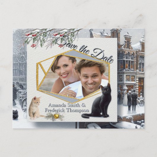 Winterfeesten in de sneeuw, met Kittens Aankondigingskaart (Voorkant)