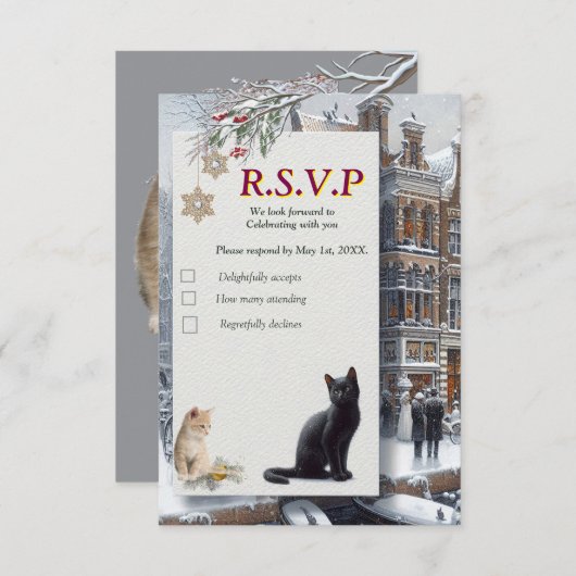 Winterfeesten in de sneeuw, met Kittens RSVP Kaartje (Voorkant / Achterkant)