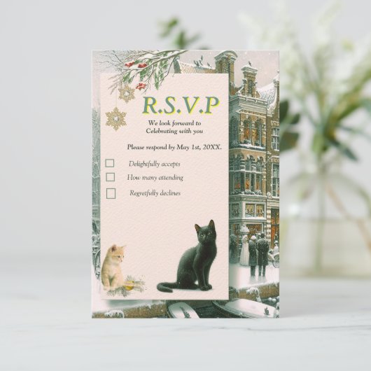 Winterfeesten in de sneeuw, met Kittens RSVP Kaartje (Staand voorkant)
