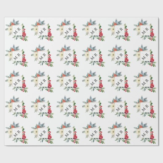 Winterflorale kerstbessen Monogrammed Cadeaupapier (Vlak)