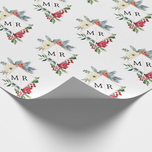 Winterflorale kerstbessen Monogrammed Cadeaupapier (Hoek)