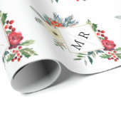 Winterflorale kerstbessen Monogrammed Cadeaupapier (Rol Hoek)