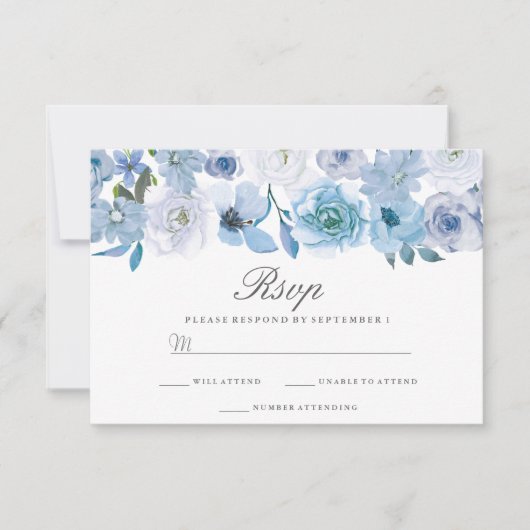 WinterFlorals: Elegant Blue Wedding RSVP Kaartje (Voorkant)
