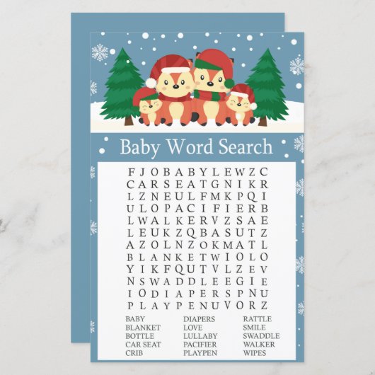 Winterfox Baby shower Word Search Game (Voorkant / Achterkant)