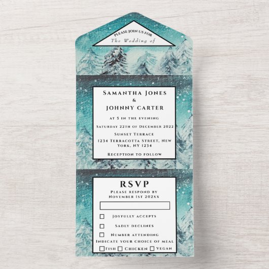 Wintergebergte RSVP Waterverf woud Alle bruiloft All In One Uitnodiging (Binnen)