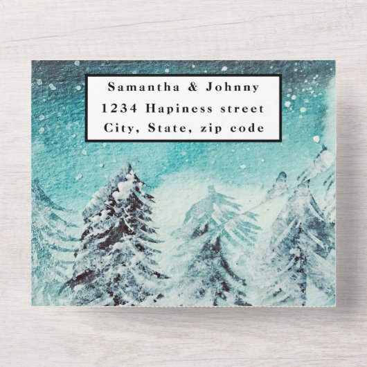 Wintergebergte RSVP Waterverf woud Alle bruiloft All In One Uitnodiging (Achterkant)