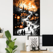 wintergloed – Lantaarn-verlichte dorp Poster (Thuiskantoor)