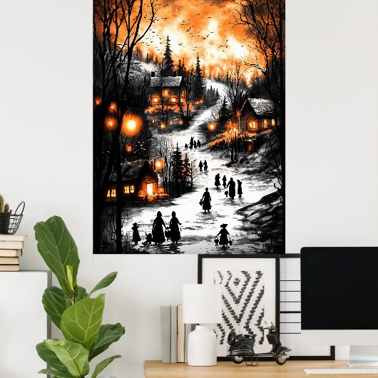 wintergloed – Lantaarn-verlichte dorp Poster (Thuiskantoor)