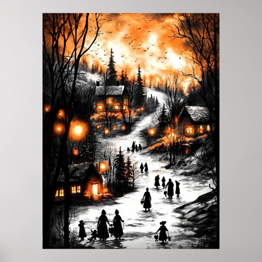  wintergloed – Lantaarn-verlichte dorp Poster (Voorkant)