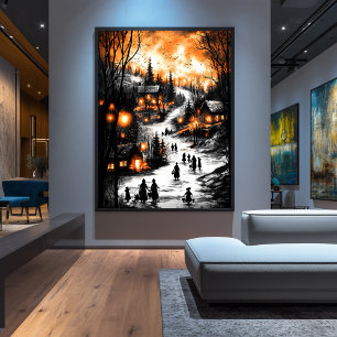 wintergloed – Lantaarn-verlichte dorp Poster