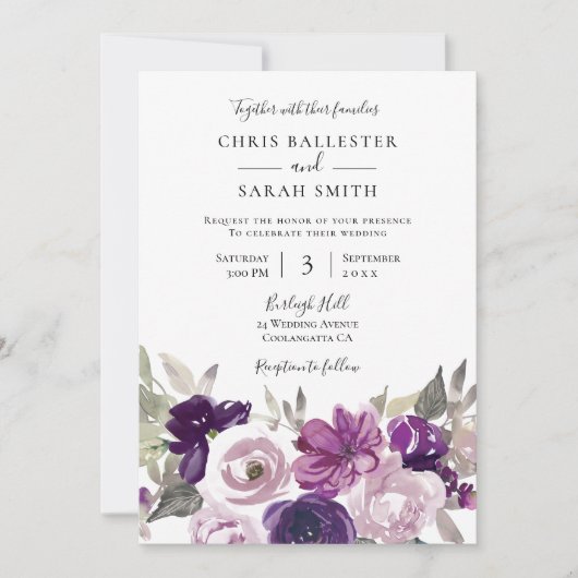 Wintergrijs: Paarse lavender Floral Wedding Kaart (Voorkant)