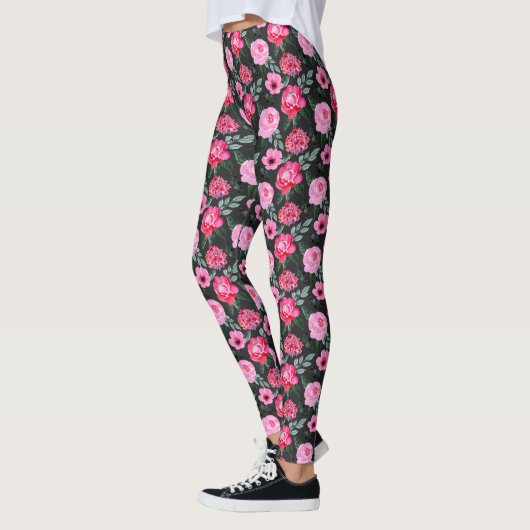  wintergrijze roze Floral Waterverf Patroon Leggings (Links)