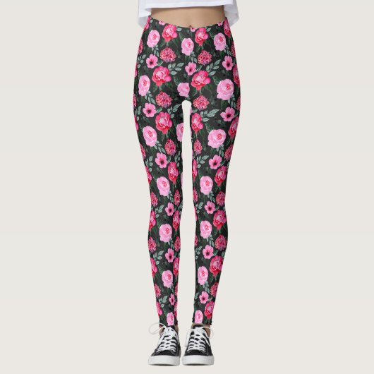  wintergrijze roze Floral Waterverf Patroon Leggings (Voorkant)