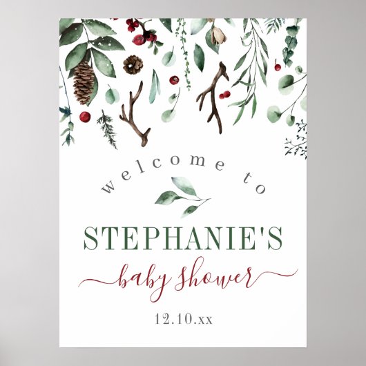 Wintergroen Baby- of Bruiloftfeest Welkomstbord Poster (Voorkant)