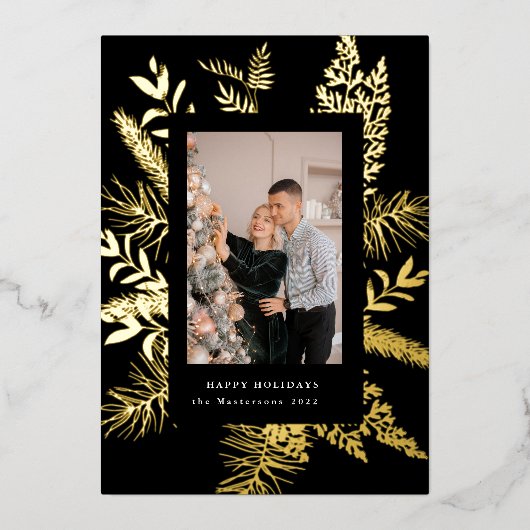 wintergroen bladgroen elegante fotovakantie folie  folie uitnodiging (Voorkant)