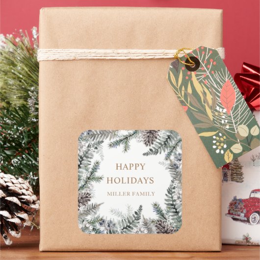 Wintergroen Blauw Gelukkig Kerstfeest Monogram Vierkante Sticker (Feestdagen)