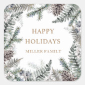 Wintergroen Blauw Gelukkig Kerstfeest Monogram Vierkante Sticker (Voorkant)