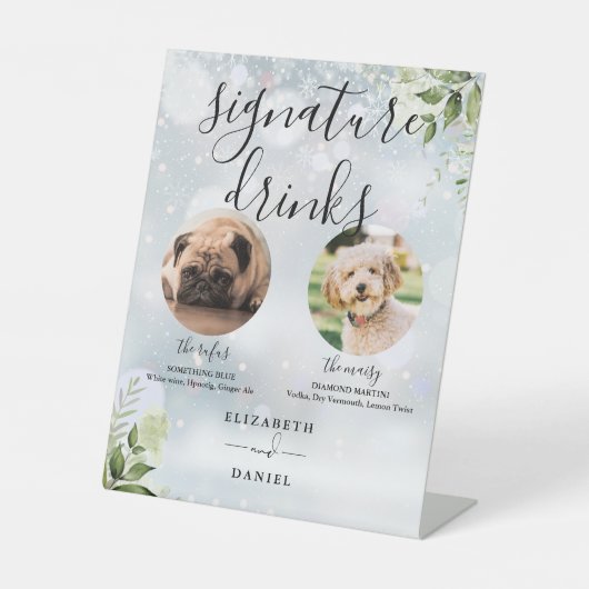 Wintergroen Bruiloft Huisdier Hond Signature Drink Reclamebord Met Voetstuk (Voorkant)