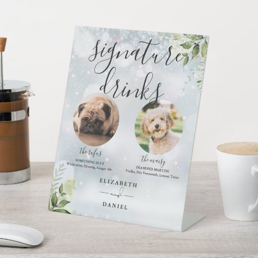 Wintergroen Bruiloft Huisdier Hond Signature Drink Reclamebord Met Voetstuk (Insitu)