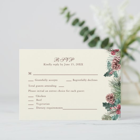 Wintergroen Bruiloft RSVP Kaart (Staand voorkant)