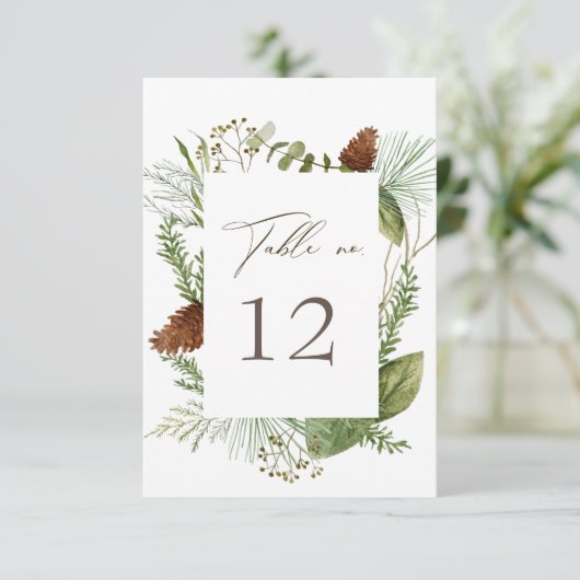 Wintergroen Bruiloft Zittafel Nummer RSVP Kaartje (Staand voorkant)