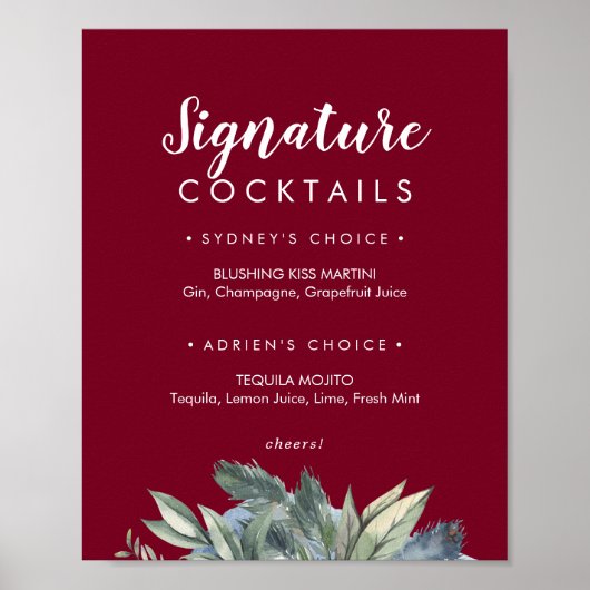Wintergroen Burgundy Signature Cocktails Bord Poster (Voorkant)
