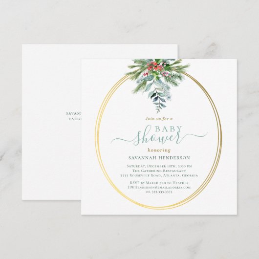 Wintergroen en gouden Baby shower Kaart (Voorkant / Achterkant)