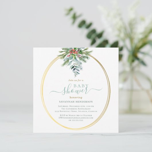 Wintergroen en gouden Baby shower Kaart (Staand voorkant)