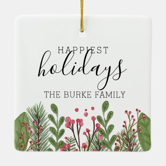 Wintergroen gebladerte gepersonaliseerd keramisch ornament (Achterkant)