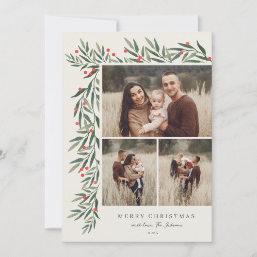 Wintergroen Ivoor 3 Foto Kerstmis Feestdagenkaart (Voorkant)