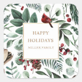 Wintergroen Kardinaal Prettig feest monogram Vierkante Sticker (Voorkant)