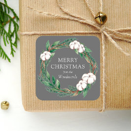 Wintergroen Krans Gelukkig Kerstmis Grijs  Vierkante Sticker