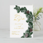 Wintergroen Pinecone Kerstmis Save The Date Folie Uitnodiging (Staand Voorkant)