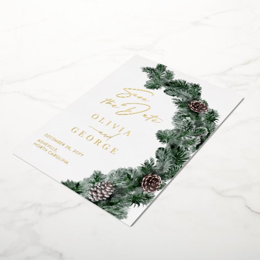 Wintergroen Pinecone Kerstmis Save The Date Folie Uitnodiging (Gedraaid)