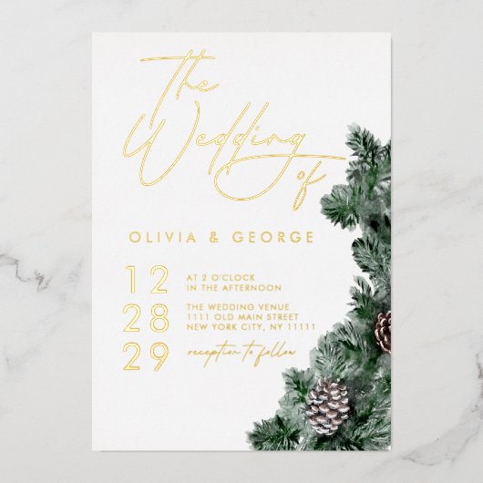 Wintergroen Pinecone Kerstvakantie bruiloft Folie Uitnodiging (Voorkant)