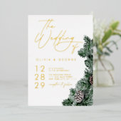 Wintergroen Pinecone Kerstvakantie bruiloft Folie Uitnodiging (Staand Voorkant)