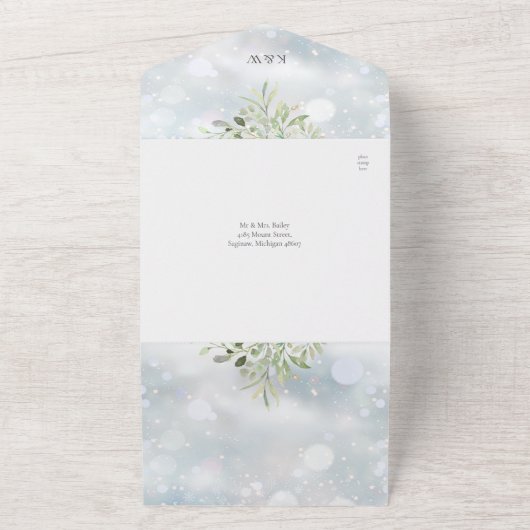 Wintergroen QR Code Monogram Bruiloft All In One Uitnodiging (Buitenkant)