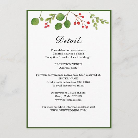 Wintergroen Winter / Kerst Huwelijksdetails Informatiekaartje (Voorkant)
