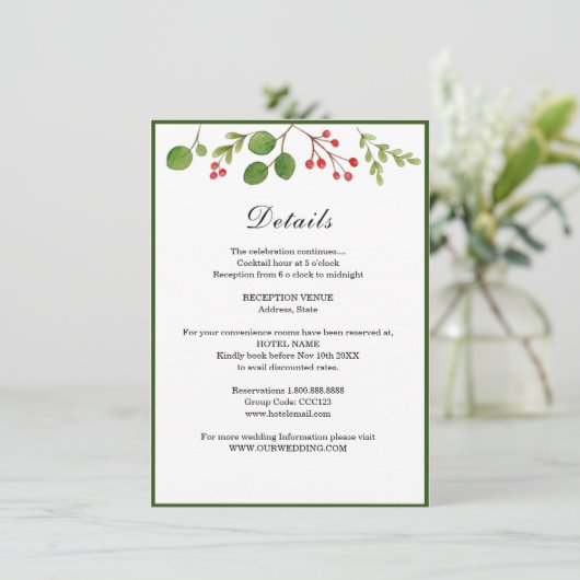 Wintergroen Winter / Kerst Huwelijksdetails Informatiekaartje (Staand voorkant)