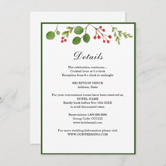 Wintergroen Winter / Kerst Huwelijksdetails Informatiekaartje (Voorkant / Achterkant)