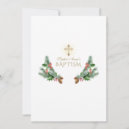 Wintergroenbessenkegel Gouden Kruis Doop Kaart (Achterkant)