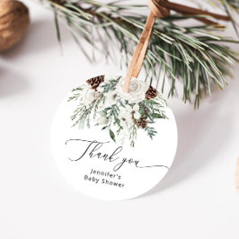 Wintergroenblijvende dennenboom baby shower bedankjes labels