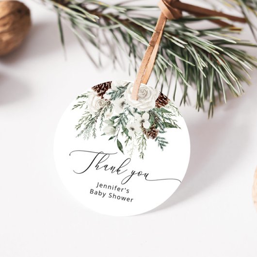 Wintergroenblijvende dennenboom baby shower bedankjes labels