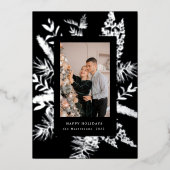 wintergroene bladeren elegante fotokaart folie uitnodiging (Voorkant)