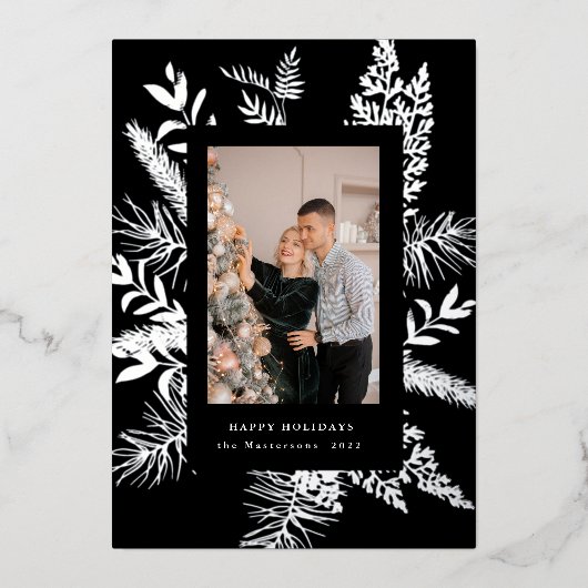wintergroene bladeren elegante fotokaart folie uitnodiging (Voorkant)