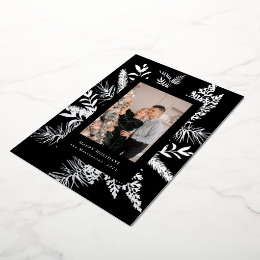 wintergroene bladeren elegante fotokaart folie uitnodiging (Gedraaid)