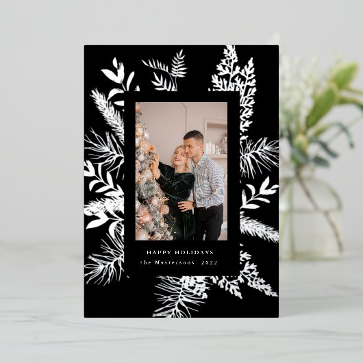 wintergroene bladeren elegante fotokaart folie uitnodiging (Staand Voorkant)